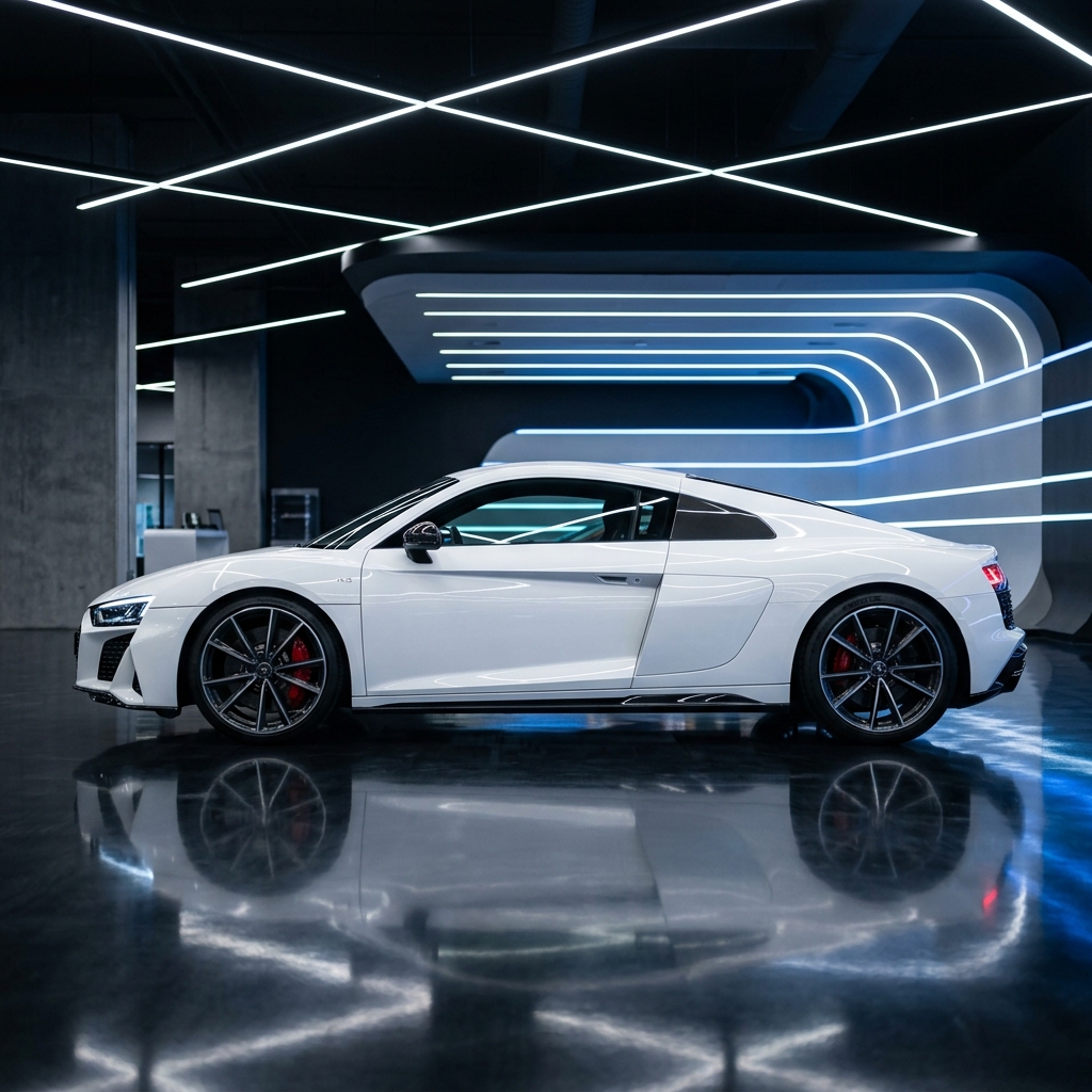 Modern white sports coupe car captured in profile inside a futuristic studio showroom with glowing LED light bars