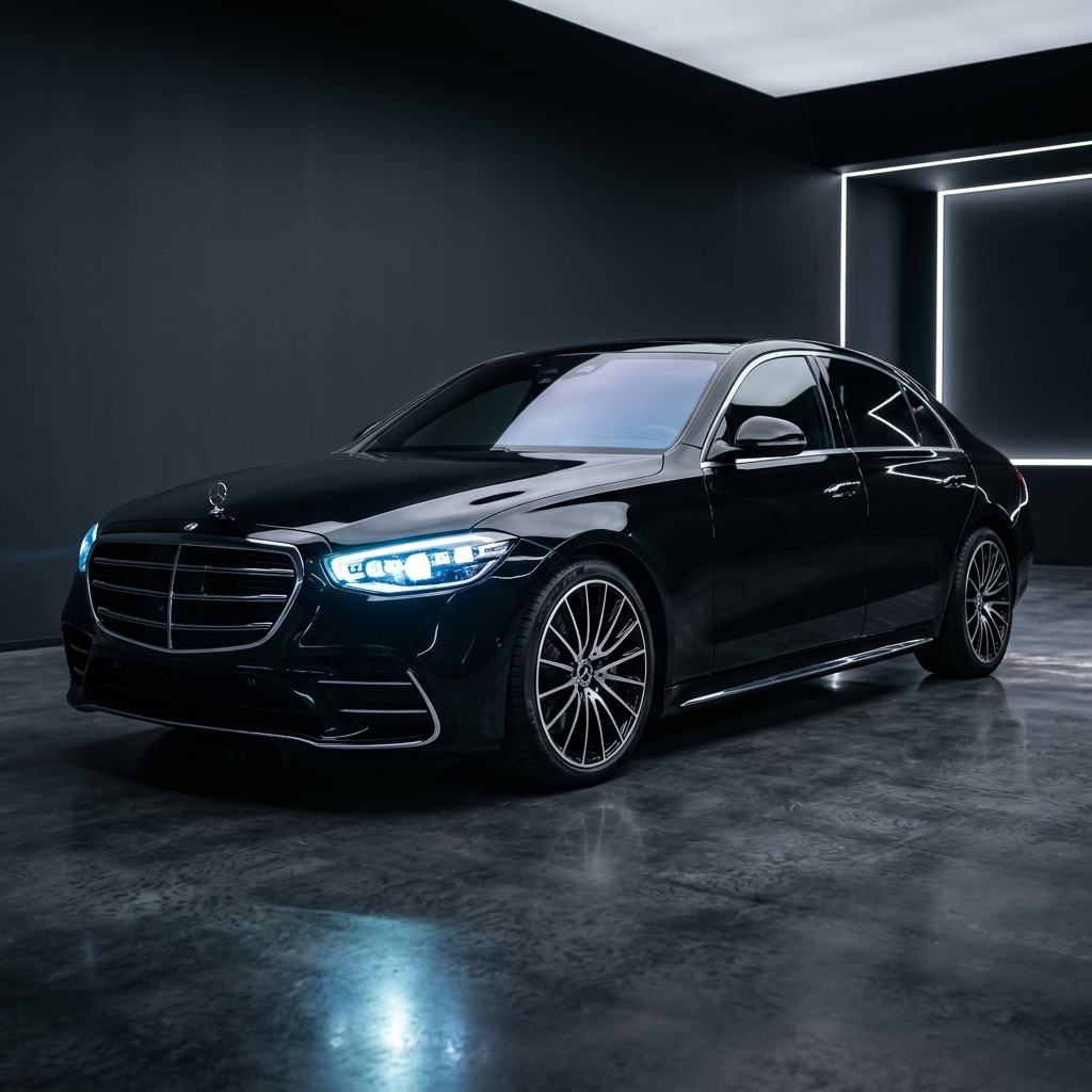 Premium dark luxury sedan with glowing LED headlights in a studio setting